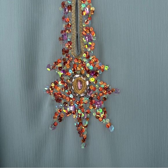 Mix it Petite Women’s Top Size Large Green Sheer Embroidered Sequin Maximalist - Picture 4 of 10